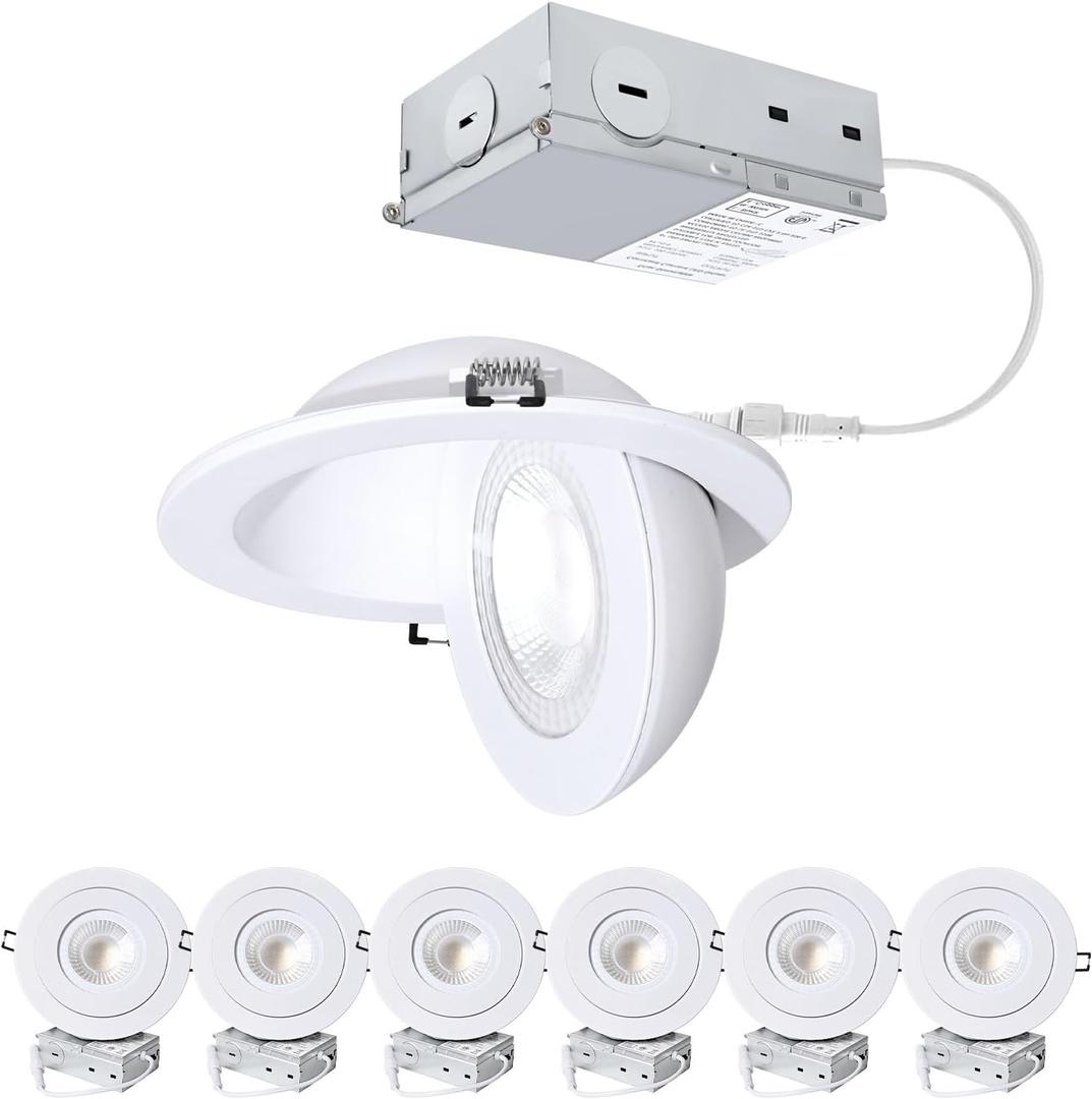 6-Inch Gimbal Recessed Light - 12W 90 Tilt & 360 Rotation, 1300lm, 5CCT (2700K-5000K), IC Rated LED Eyeball Recessed Lighting, for Sloped Ceilings, Soffit Light, HallywayKitchens, White 6 Pack