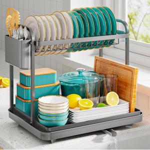 Sakugi 2-Tier Dish Drying Rack - Stainless Steel Dish Rack with Cutlery & Utensil Holders for Kitchen Counter, Sink Organization and Storage Essentials, Home Decor, 15" W x 11.4" L x 15" H, Gray