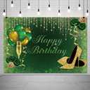 8x6ft Green Happy Birthday Backdrop Golden High Heels Champagne Glasses Glitter Sequin Photography Background Green Rose Shiny Balloons Adults Women Birthday Party Decorations Photo Booth Props