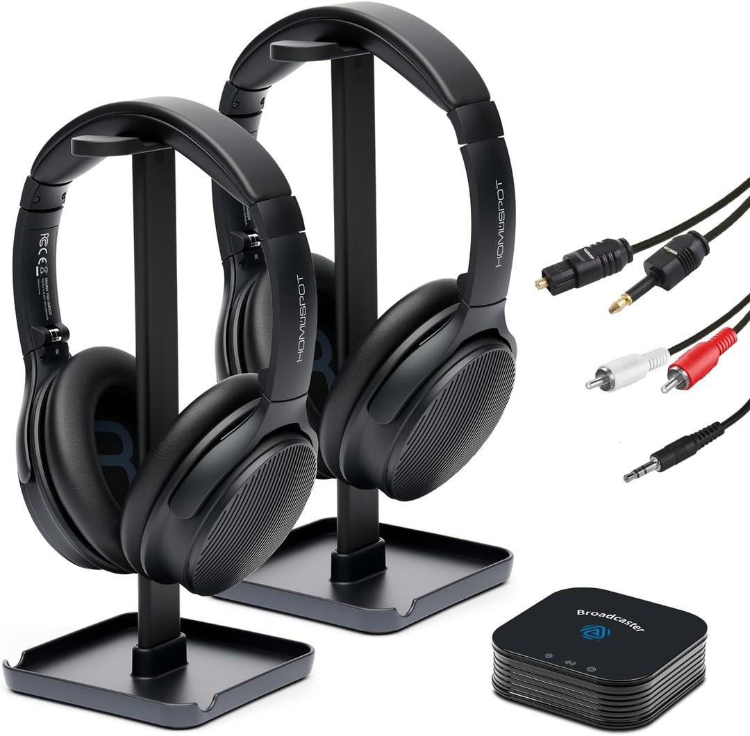 HomeSpot JM320, Auracast TV Headphones with BA210 v2 Transmitter for AV Home Theater Movie Projector, Bluetooth 5, Seamless Switching with Mobile Tablet, No Delay, 60 Hrs (2 Headphones Companion Pack)