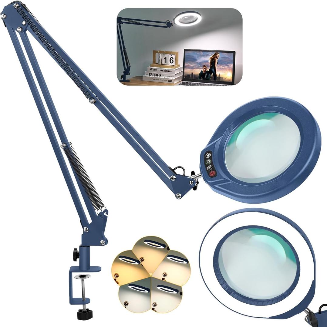 VEEMAGNI 5 Inch 12X Large Real Glass Magnifying Glass with Light and Stand, 5 Color Modes Stepless Dimmable, 2 * 16 Inch Swivel Arm LED Clamp Desk Lamp, Hands Free Lighted Magnifier for Crafting-Blue