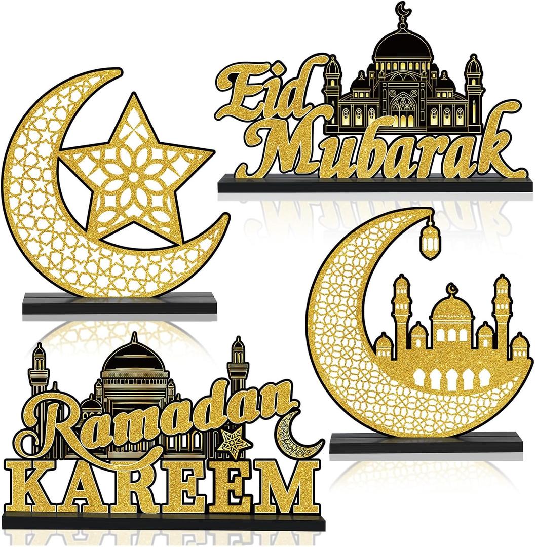Wiooffen 4Pcs Ramadan Mubarak Table Centerpiece Decorations Eid Mubarak Wooden Table Signs Ramadan Kareem Tabletop Set Eid Al Fitr Moon Star Wood Table Decor for Home Kitchen Party(Black Gold)