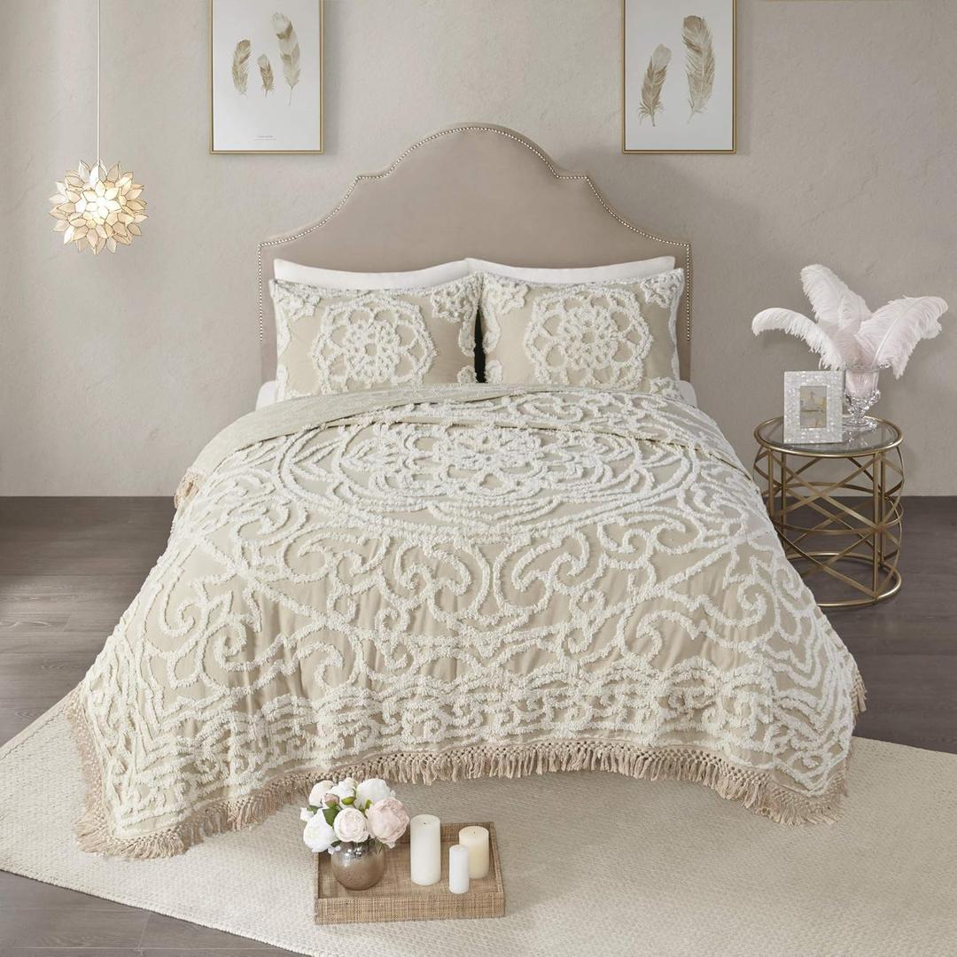 Madison Park Laetitia Lightweight 100% Cotton Quilt Set, Breathable Chenille Tufted, Shabby Chic Boho Medallion Design, Sham, Floral Taupe w/ Tassels, Full/Queen-2 Piece (Full/Queen, Laetitia Taupe Coverlet)