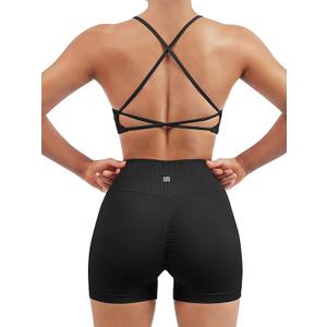 SUUKSESS Women Seamless 2 piece Workout Sets Strappy Padded Sports Bra Booty High Waisted Shorts Outfits (Size: 4-6)