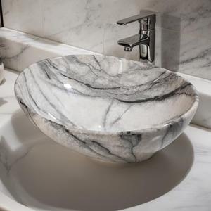GLOBAOSALU White Marbling Oval Vessel Sink 16x13 Inch Bathroom Ceramic Sinks Above Counter Porcelain Basin Bowl for Modern Small Bathrooms Vanity Top Space-Saving Design (No Faucet,No Drain)
