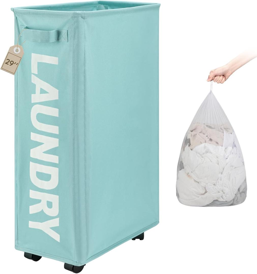 TOTANKI 29" Large Slim Rolling Laundry Basket on Wheels with Removable Bag, Foldable Laundry Hamper with Handle, Collapsible Laundry Sorter and Organizer, Tall Storage Basket Bin (Light Blue)