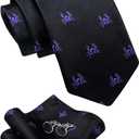 Striped Ties for Men Classic Woven Silk Necktie with Handkerchief Cufflinks Set Formal Business Party Wedding (A Black Purple Animal)