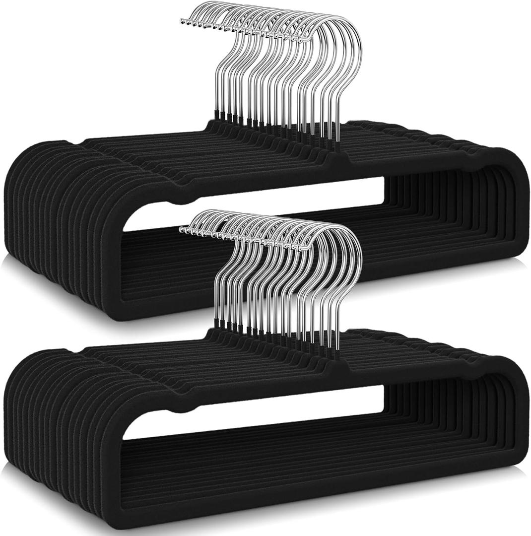 50 Packs Velvet Pants Hangers with Non-Slip Bar, Heavy Duty Clothes Hangers Felt Trouser Hanger Space Saving for Shorts Neck Jeans Strap Dresses, Black (Rectangular)