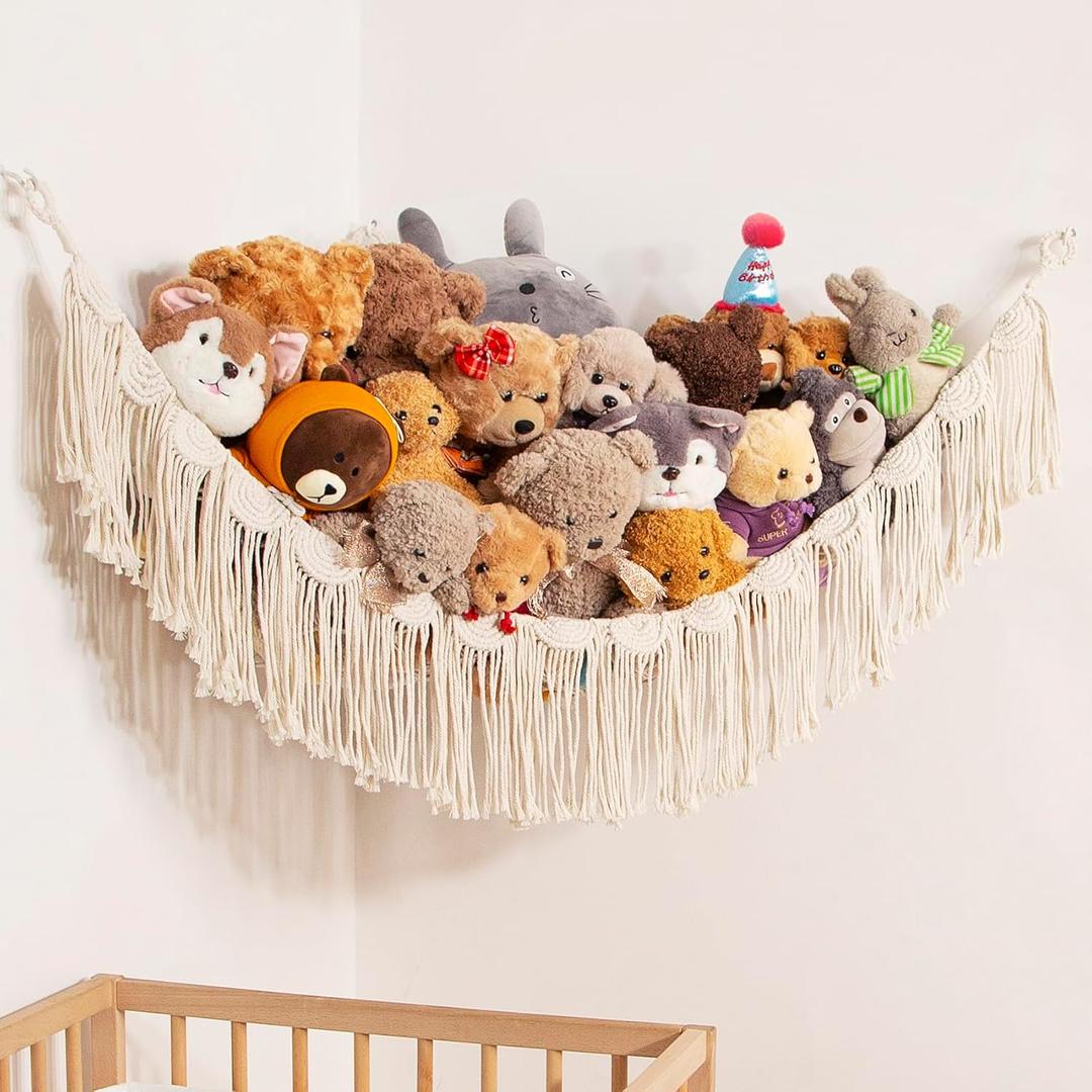Amdermi Stuffed Animal Net Hanging Organizer Children's Room Stuffed Animal Toy Hammock for Teddy Net Corner Toy Net for Bedroom Decor (Cream)