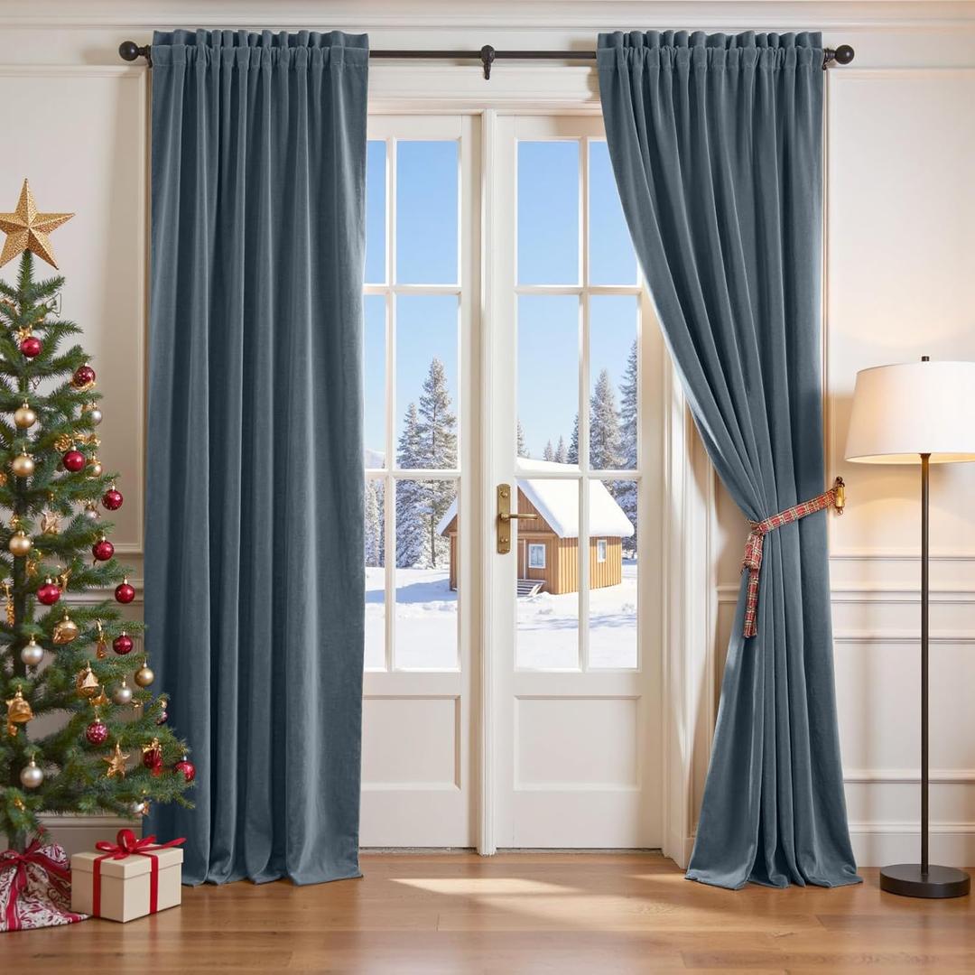 jinchan Velvet Curtain for Living Room, Blue Thermal Insulated Luxury Drape for Bedroom 96 Inch Long, Stylish Design Super Soft Privacy Room Darkening Window Treatment Rod Pocket 1 Panel, Aegean Blue