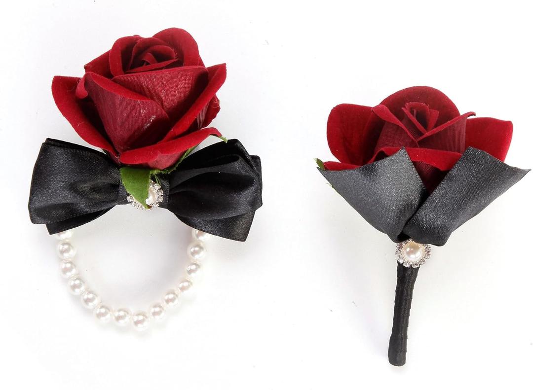 2 x Corsage and Boutonniere Set for Wedding Prom, Artificial Rose Flower Wrist Corsage Bracelets, Homecoming Corsage Wristlet, Boutonniere for Men Wedding Suit Decorations (Black&wine Red)