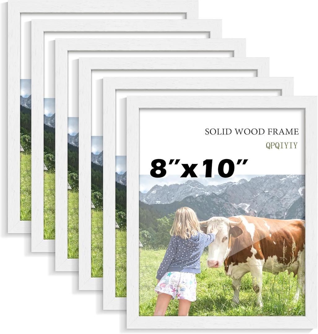 8x10 Picture Frame Set of 6, 100% Solid Wood Photo Frames with HD Shatter-Resistant Plexiglass, Wall Hanging & Tabletop Display, White
