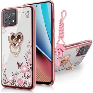 for Moto G Stylus 5G 2023 Case for Women, Glitter Crystal Butterfly Heart Floral Slim TPU Luxury Bling Cute Protective Cover with Kickstand+Strap for Stylus 5G 2023(Rose Gold), (BW-3076)