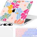 MecBevia Compatible with MacBook Air 13.3 inch Case 2021-2018 Release A2337 M1 A2179 A1932 Touch ID, Plastic Hard Shell&Keyboard Cover&Screen Protector&Webcam Cover&Type-C Adapter, ColorfulFlowers