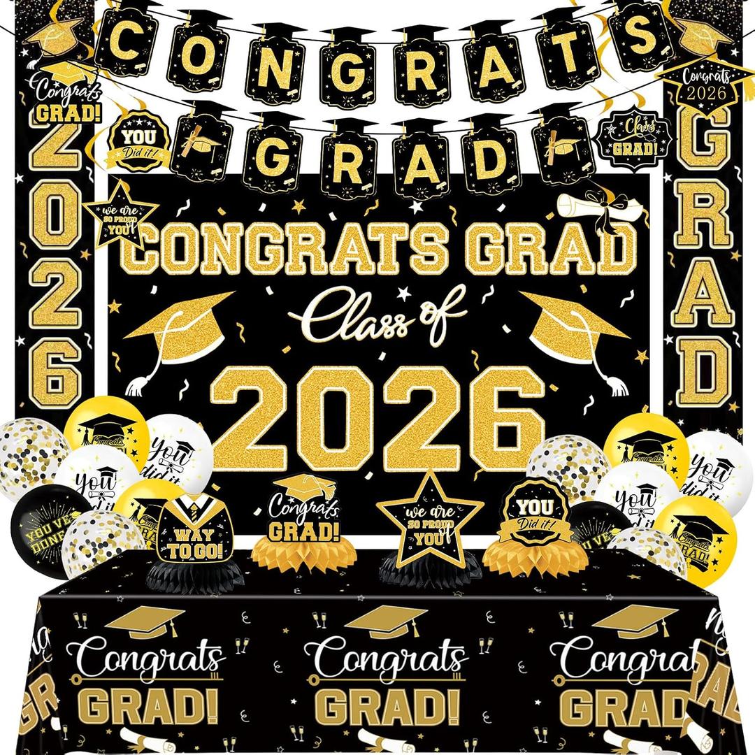 2026 Graduation Decorations, Grad Party Decorations, Class of 2026 Backdrop, Balloons, Tablecloth, Couplets, Streamers Kit - Complete Party Supplies for High School & College Celebrations