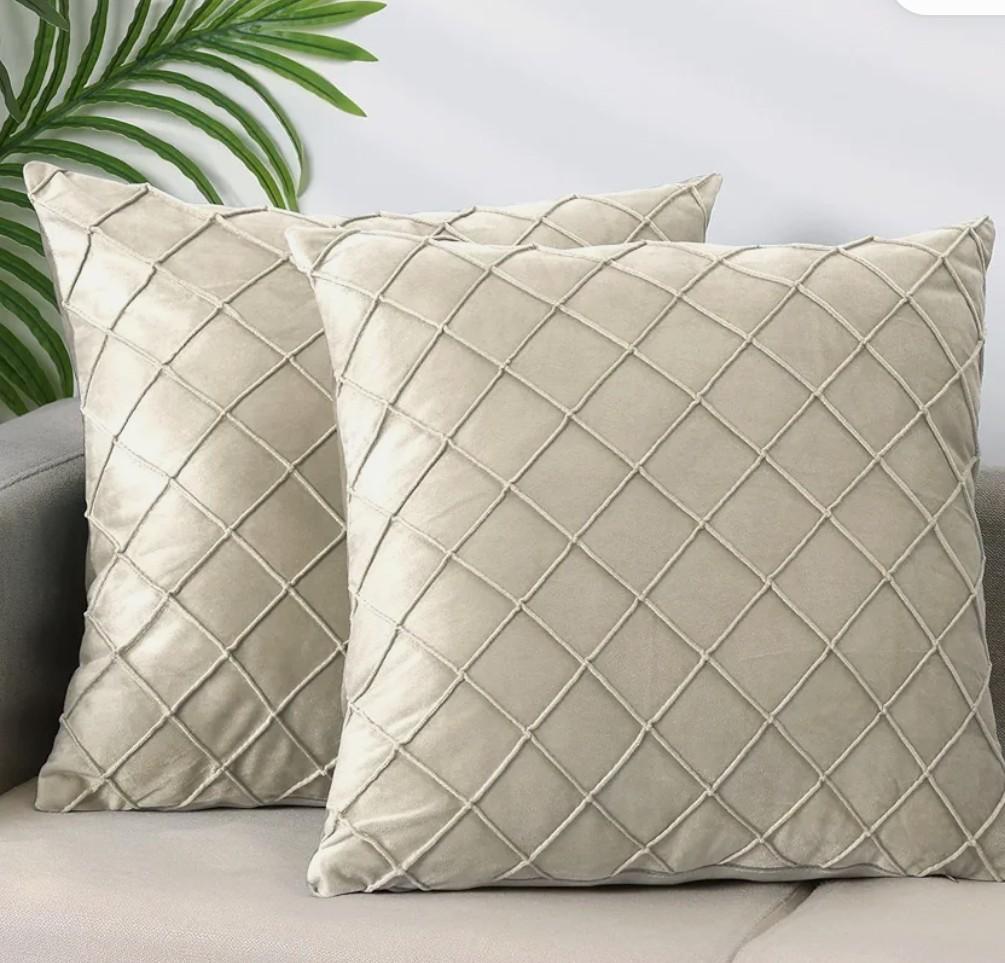 2 Pcs Soft Velvet Decorative Pillow Covers Solid Geometric Textured Cushion Covers for Bed, Sofa, Chair, Couch and Home Decor 17 x 17 Inch Beige