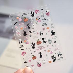 Halloween Nail Art Stickers 5D Embossed Nail Art Decals Self-Adhesive Nail Stickers Pumpkin Face Cat Mummy Spider Web Ghost Nail Decals Nail DIY Supplies Decorations for Women (1 Sheet)