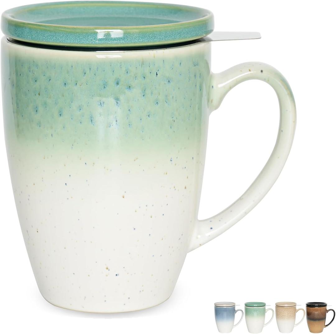 Bosmarlin Ceramic Tea Cup with Infuser and Lid, 13.5 Oz, 5 Colors to Choose, Microwave and Dishwasher Safe, Steeping Tea Mug with Strainer, Reactive Glaze (Green)