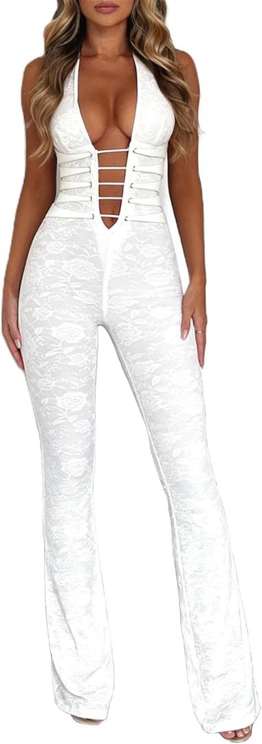 Raruxxin Women Sexy See Through Lace Jumpsuit Sleeveless Backless Cut Out Skinny Long Romper Sheer One Piece Outfit Clubwear (White, L)