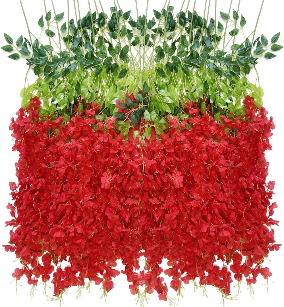 Artificial Wisteria Hanging Flowers Fake Wisteria Flower Garland Silk Vines Rattan Decor for Home Wedding Arch Wall Garden Greenery Bedroom Outdoor Office Party Decoration (36, Red)