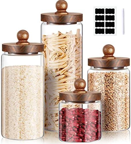 Gerrii Glass Storage Jars Set of 3, Clear Food Storage Containers with Wooden Lids Airtight Kitchen Canisters with Sticker and Chalk for Candy Cookie Rice Sugar Flour Pasta Nuts Beans Spice, Sizes