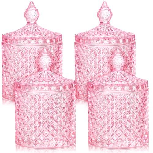 Aoriher 3 Pcs Crystal Glass Candy Jar Set with Lids Home Decorative Storage Jars for Apothecary, Bathroom, Kitchen, and Pantry, Ideal for Cotton Swabs and Jewelry (Large,Pink)