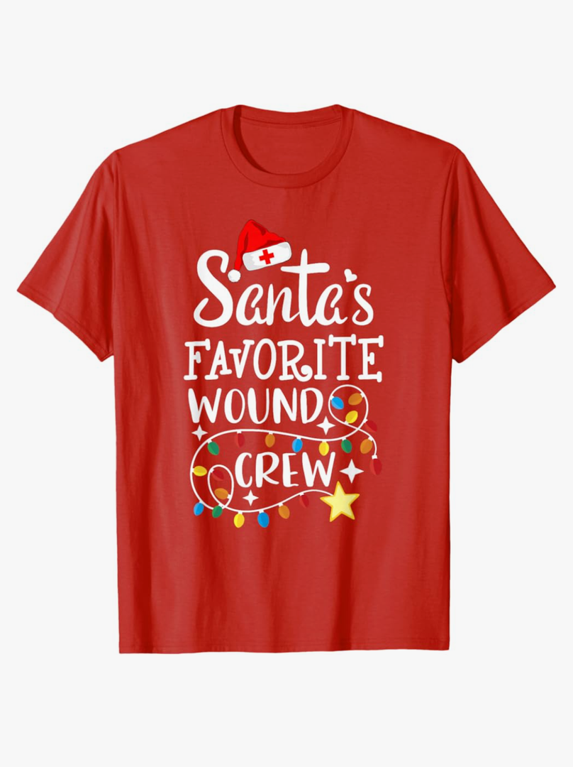Santa's Favorite Wound Crew Christmas Wound Care Nurse Crew T-Shirt.L
