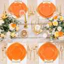 Nervure 175PCS Orange Plastic Plates - Orange and Gold Disposable Plates for 25 Guests Include 50Plates, 25Cups, 25Forks, 25Knives, 25Spoons, 25Napkins for Wedding & Party