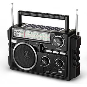PRUNUS J-02 AM FM SW Radio Portable with Dual-Antenna,Solar/D Battery Operated/USB Rechargeable with Bluethooth,Support TF Card/USB Playing, Transistor Radio Large Knob Easy to Use for Seniors