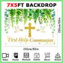 Greenery First Holy Communion Backdrop 7x5ft Polyester First Communion Decorations God Bless Baptism Photo Banner for Boys Girls Newborn Christening Confirmation Backdrop with Ribbon