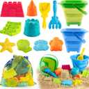 Collapsible Beach Toys Set for Kids,Sand Bucket Shovel, Rake, Mesh Bag 4 Molds & Castle Building Set for Beach Travel,Sandbox Toys, Foldable Beach Essentials for Toddlers 3-10(Blue&Green)