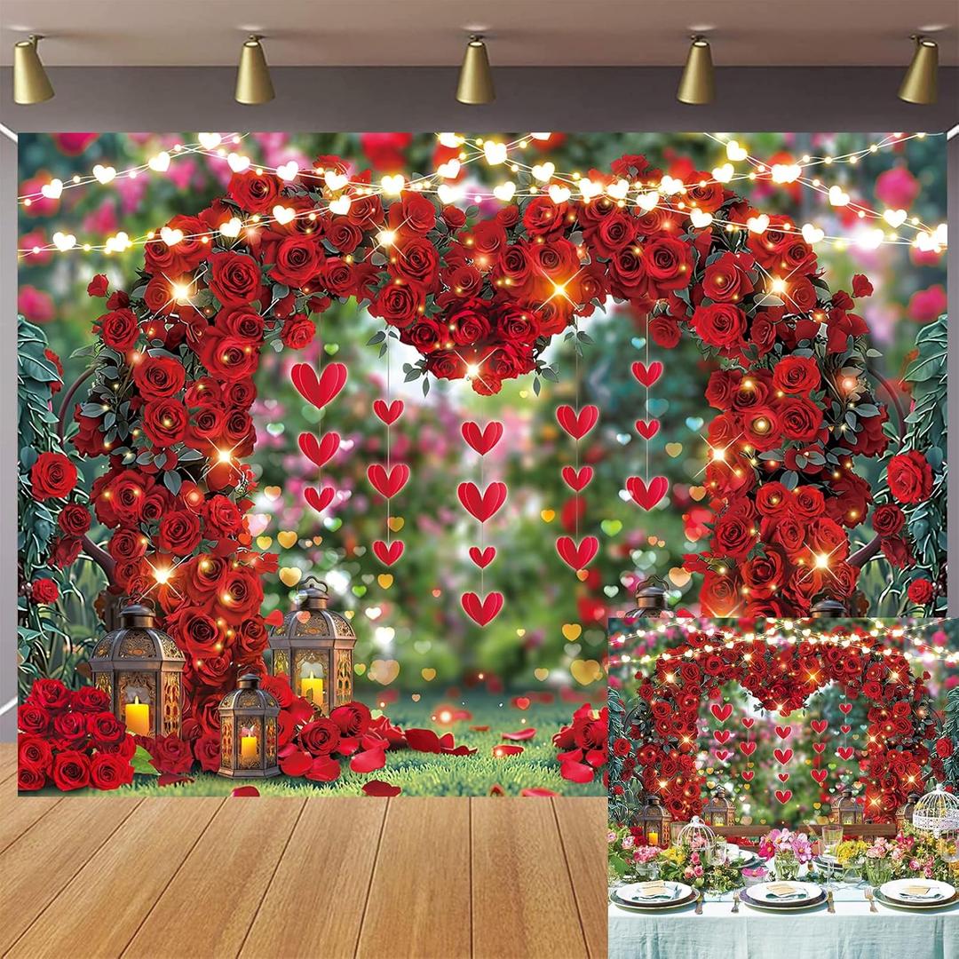 Red Rose Flowers Backdrop Sweet Floral Heart Light Photography Background for Valentines Day Wedding Anniversary Mother's Day Party Decorations Banner (8x6FT240x180cm)