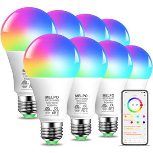 MELPO Smart RGB Light Bulbs Work with Alexa, 12W(130W Equivalent), 2700K-6000KA19 E26 Bluetooth Color Changing Light Bulb, 16 Million Colors-DIY Flash/Fade - Timing-DIY Scenes- Music Sync (8 Pack)