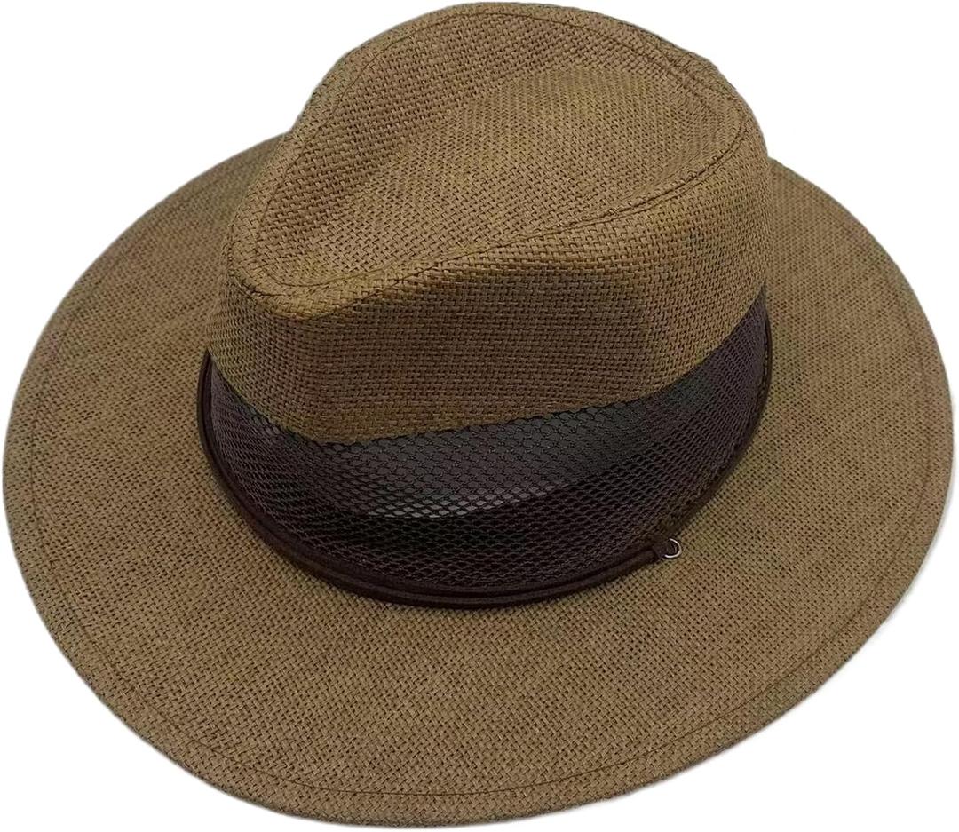 Women's Summer Straw Sun Hat, Wide Brim UV Protection, Panama Fedora, Mesh Crown, Beach Hat