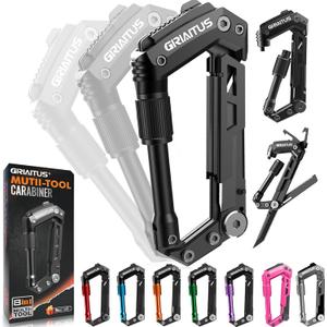 Carabiner Multitool 8-in-1 EDC Carabiners Pocket Knife, Serrated Knife, Rope Cutter, Screwdriver, Can Bottle Opener, Ruler, Survival Gear for Camping Climbing Hiking, Gifts for Men (Black)