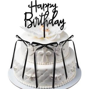 10pcs Bow Cake Toppers with Black Happy Birthday Cake Topper, Black Bows for Cake Ribbon Cake Topper Coquette Birthday Decorations for Wedding Anniversary Babe Shower Party