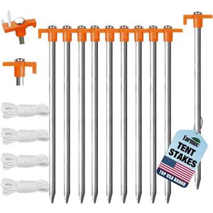 Eurmax USA 10-Pack Secure Protection Galvanized Tent Stakes,Rust-Proof Steel Canopy Anchors for High Winds,Heavy Duty Commercial Ground Pegs for Camping,Pop Up Tents&Gazebos - Includes 4x10ft Ropes