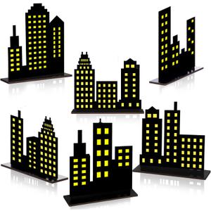6 Pcs Skyscraper Party Decorations Wooden Skyscraper Table Decorations City Skyline 3D Silhouette Centerpiece Sign Decor for Hero Theme Comic Birthday Party Supplies