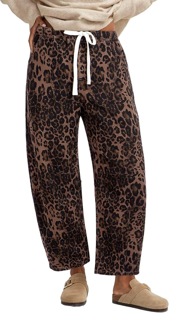 GRAPENT Barrel Jeans for Women Trendy High Waisted Pull On Wide Leg Cropped Leopard Cheetah Print Stretchy Denim Pants (Medium)