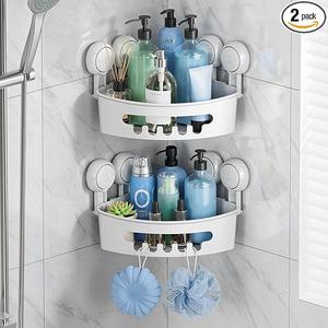 TAILI Suction Corner Shower Caddy, Bathroom Shelf Storage Basket Wall Mounted Organizer for Shampoo, Conditioner, Plastic Rack for Kitchen&Bathroom, DrillFree Removable (2 Pack)