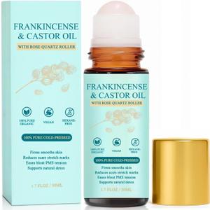 Frankincense and Castor Oil Rose Quartz Roller  Organic Cold-Pressed Castor Oil Roll-On with Removable Rose Quartz | Firms Smooths Skin, Brightens Eyes, Reduces Scars Stretch Marks 1.7FLOZ (1 Ounce (Pack of 1))