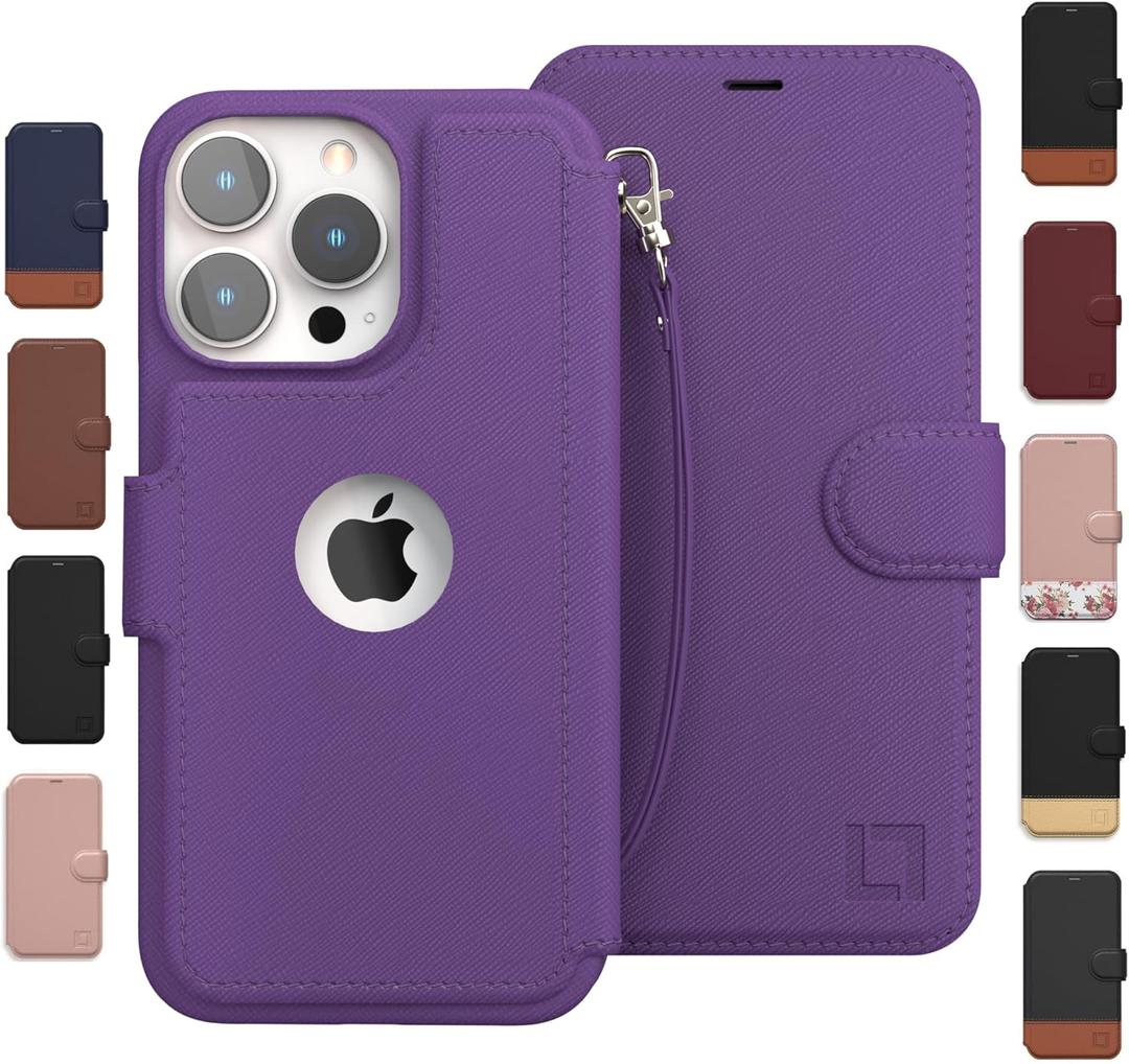 Compatible with iPhone 14 Pro Wallet Case for Women and Men, Case with Card Holder [Slim & Protective] for Apple 14 Pro (6.1), Vegan Leather i-Phone Cover, Purple [Includes Wristlet]