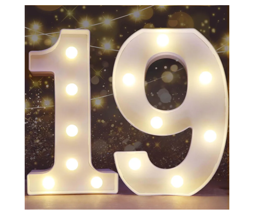 Pooqla Decorative Led Light Up Number Letters, White Plastic Marquee Number Lights Sign for 19th Birthday Party Wedding Decor Battery Operated Number (19)