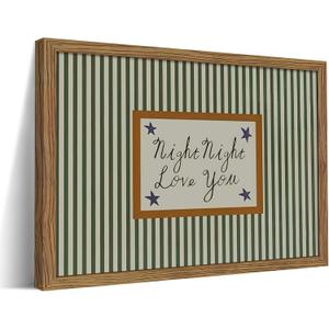 Vintage Green Wall Art, Mid Century Night Night Love You Stripe Canvas Wall Decor Painting, Modern Minimalist Nursery Striped Prints Pictures for Baby Room Kids Bedroom 16x24 Inch Framed