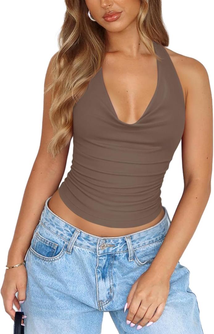 PINKMSTYLE Womens Sexy Halter Cowl Neck Backless Crop Tops Double Layer Ruched Going Out Summer Tank Top (Large, Brown)
