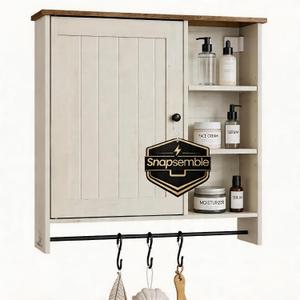 SONGMICS Home Bathroom Wall Cabinet, Snapsemble Superfast Assembly, Over the Toilet Medicine Storage Cabinet with Adjustable Shelves, for Kitchen/Pantry, Rustic White and Honey Brown