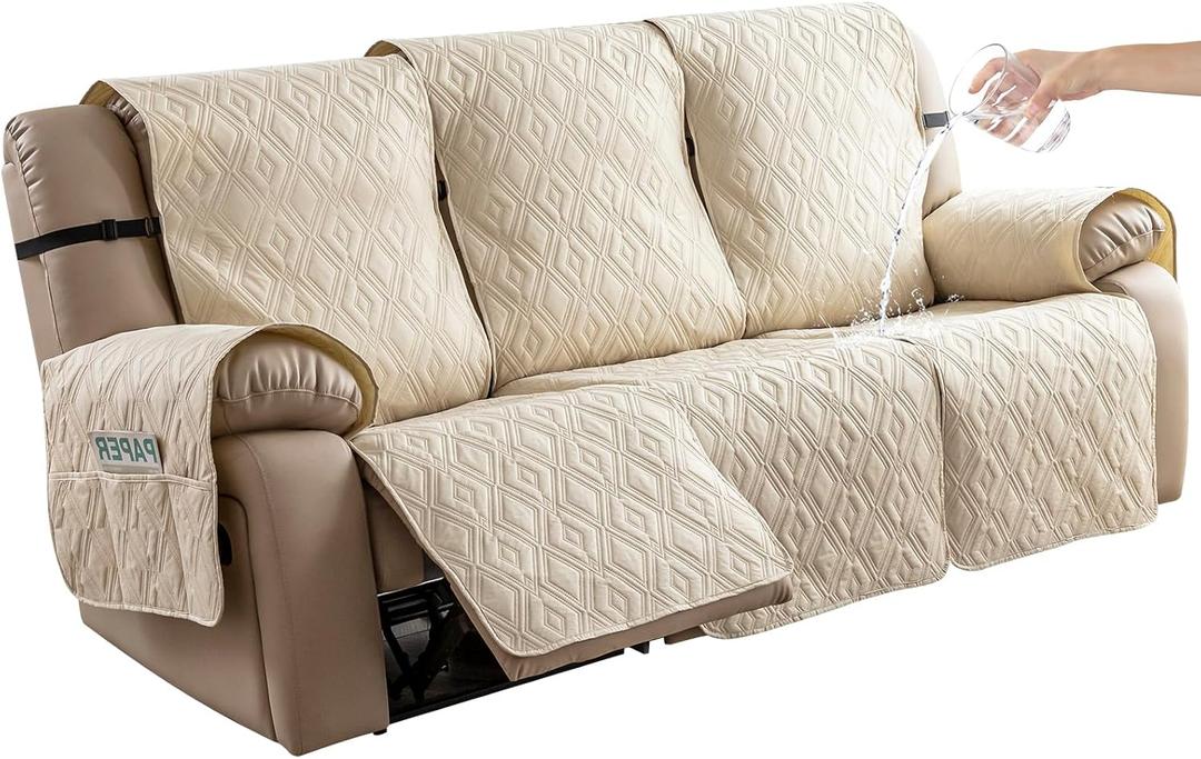 Genina Waterproof Recliner Cover - 3 Seater Non-Slip, Washable Sofa Covers for Recliner Couch, Furniture Protector for Dogs & Kids (Beige, Recliner)