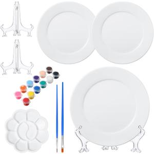 Affrolling Paint Your Own Porcelain Plates Ceramic Painting Kit Included 2 Pcs Porcelain Plates 2 Brushes 12 Paints 2 Stands Paint and 1 Pcs Color Palette, Pottery Kit for Adults(Round)