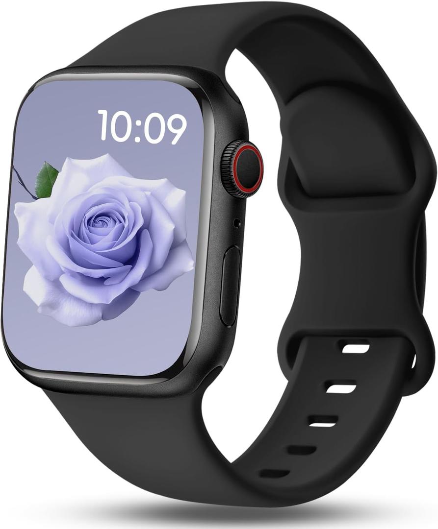 2 x Patented Sport Silicone Band Compatible with Apple Watch Bands 40mm 38mm 41mm 42mm 44mm 45mm 46mm 49mm Women Men, Soft Waterproof Sport Strap for iWatch Bands Series 11 10 9 8 7 6 5 4 3 2 1 SE Ultra (Black)