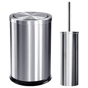 Maxdot 2 Pcs 2.4 Gallon/9 L Silver Bathroom Trash Can with Flip Lid and Toilet Brush Set, Small Luxury Stainless Steel Garbage Trash Can Wastebasket Bin for Home Office Hotel Bathroom Bedroom Kitchen